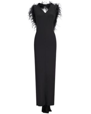 Blumarine Long Jersey Dress With Deep Neckline And Marabou Details - Black