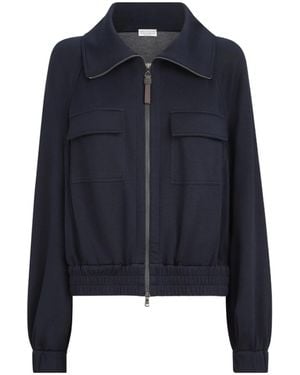 Brunello Cucinelli Cotton And Silk Interlock Cardigan With Shiny Zipper Pull - Blue