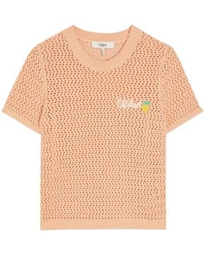 Chloé Logo-Intarsia Open-Knit Cotton T-Shirt - Natural