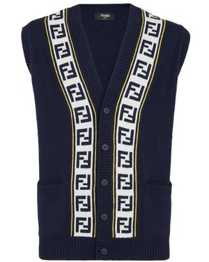 Fendi Logo Intarsia Button-Up Vest - Blue