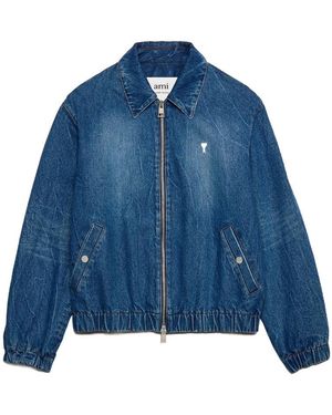Ami Paris Logo Detailed Zipped Denim Jacket - Blue