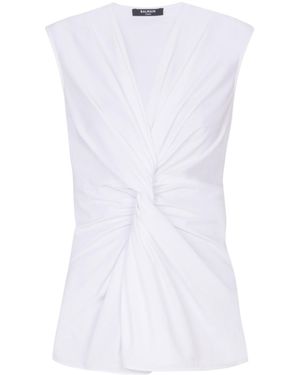 Balmain Draped Front Sleeveless Top - White