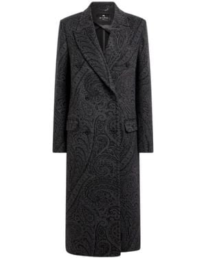 Etro Double-Breasted Wool Jacquard Coat With Paisley Motif - Black
