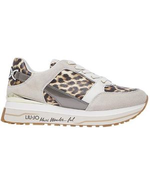 Liu Jo Leopard Printed Lace-Up Sneakers - Gray