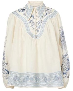 ALÉMAIS Villa Romantica Printed Ramie Blouse - White