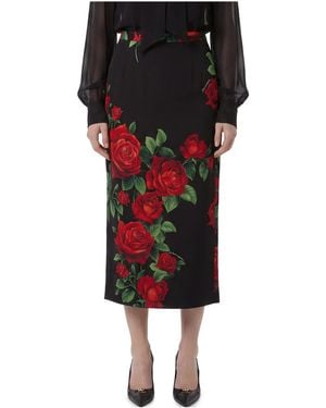 Dolce & Gabbana Rose-Print Pencil Midi Skirt - Black