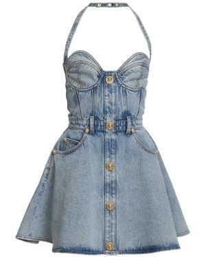 Balmain Backless Button-Down Denim Flared Dress - Blue