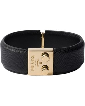 Prada Bracelet En Métal Et Cuir Saffiano - Black