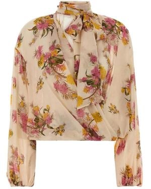 Blumarine Floral Printed Tied-Neck Georgette Top - Metallic