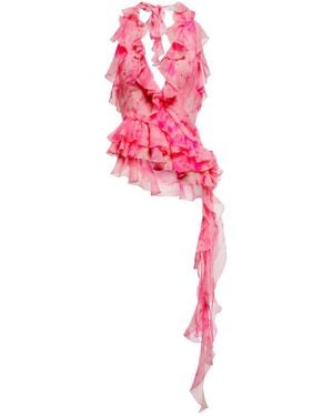 Alessandra Rich Crystal-Embellished Ruffled Silk Top - Pink