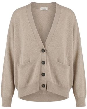 Brunello Cucinelli V-Neck Long-Sleeved Knit Top - Grey