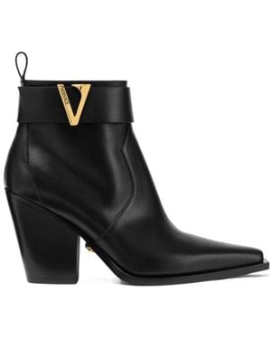 Versace Leather V-Buckle Boots - Black