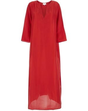 P.A.R.O.S.H. Silk V-Neck Caftan With Three-Quarter Sleeves For Wom - Red