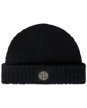Stone Island Ribbed Knit Beanie With Compass Logo Patch - Black