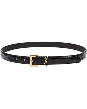 Saint Laurent Glossy Croc-Embossed Belt - White