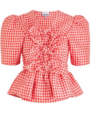 Ganni Checked V-Neck Top - Red