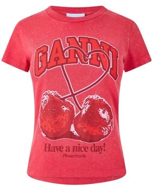 Ganni Cherry Print Short Sleeve T-Shirt - Red
