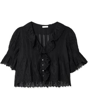 Doen Ruffled Pintucked Broderie Anglaise Cotton Top - Black