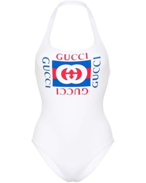 Gucci Logo-Print Halterneck Swimsuit - White