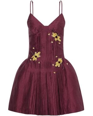 ShuShu/Tong Bead And Sequin-Embellished Plissé Linen-Blend Mini Dress - Purple