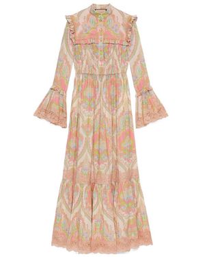 Gucci Floral Printed Ruffled Long-Sleeved Dress - Natural