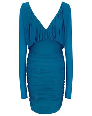 Saint Laurent V-Neck Draped Long-Sleeved Dress - Blue