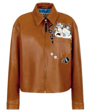Marni Leather Overshirt With Flower Intarsia - Brown