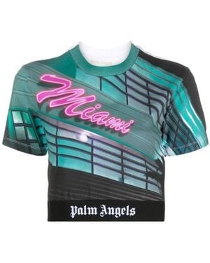 Palm Angels Miami Print Crop T-Shirt - Blue