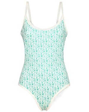 Moncler All-Over Logo Printed Low Cut Swimsuit - Blue