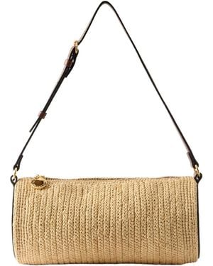 Stella McCartney Barrel Vegetarian Leather-Trimmed Raffia Shoulder Bag - Metallic