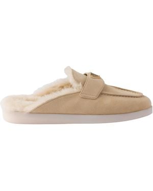 Prada Suede And Shearling Mules - Natural