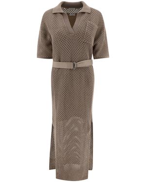 Brunello Cucinelli Crochet-Knitted Belted Midi Dress - Natural