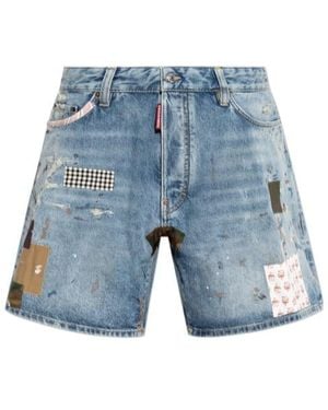 DSquared² Patchwork Distressed Denim Shorts - Blue