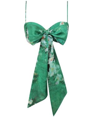 Zimmermann Everley Bow Floral-Pattern Linen Bralette - Green