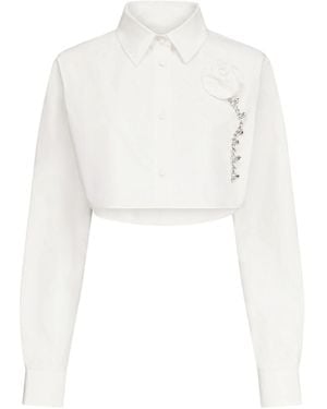 Area Crystal Rosette Poplin Cropped Shirt - White