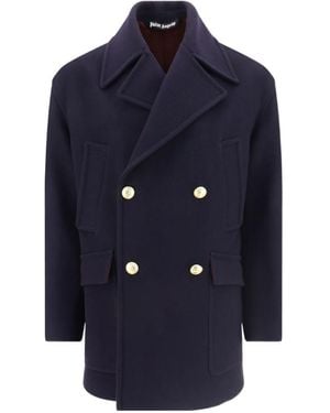 Palm Angels Palm Tree-Embroidered Double-Breasted Coat - Blue