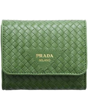Prada Small Woven Madras Leather Wallet - Green