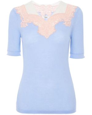 Chloé Lace-Trim Ribbed-Knit Wool Sweater - Blue