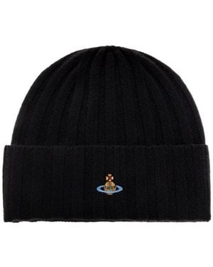 Vivienne Westwood Ribbed Logo Beanie Hat - Black