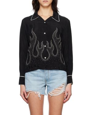 Palm Angels Flame-Embroidered Shirt - Black