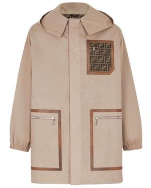 Fendi Logo Detailed Hooded Parka Jacket - Natural