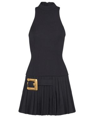 Balmain Flared Grain De Poudre Dress With Belt Detail - Blue