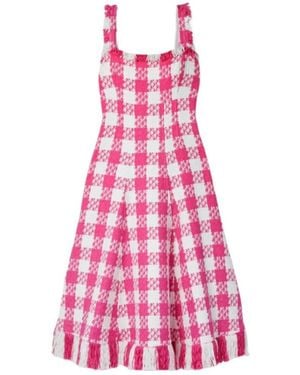 Oscar de la Renta Mid-Length Ruffled Plaid Dress - Pink