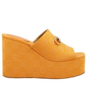 Gucci Horsebit Detailed Slip-On Wedged Mules - Orange