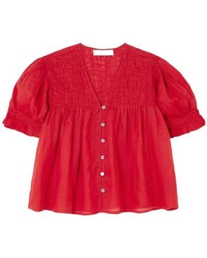 Sea Cropped Pleated Ramie-Voile Blouse - Red