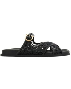 Ferragamo Gancini Buckle Crossover Slide - Black