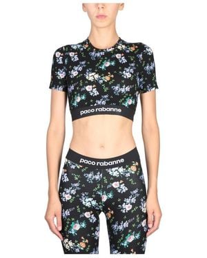 Rabanne Paint-Splatter Print Logo-Band Crop Top - Black