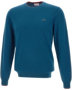 Sun 68 Logo Embroidered Crewneck Knitted Sweater - Blue