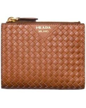 Prada Small Woven Madras Leather Wallet - Brown