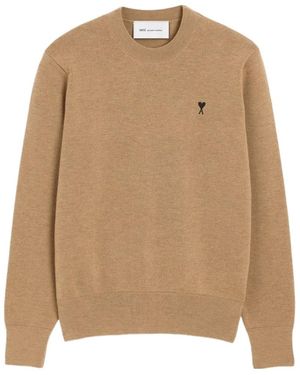 Ami Paris Crew Neck Long-Sleeved Knitwear - Natural